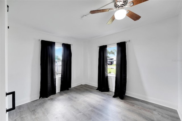 spare room with light wood-type flooring, plenty of natural light, and ceiling fan