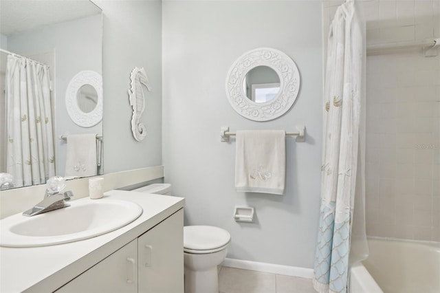 full bathroom with vanity, toilet, shower / bathtub combination with curtain, and tile patterned floors