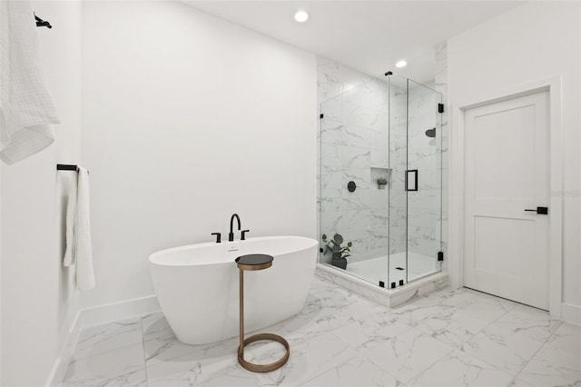 full bath featuring recessed lighting, marble finish floor, baseboards, and a marble finish shower