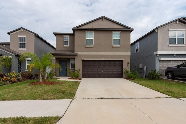 10348 Blue Plume Ct, Riverview, FL 33578 - traditional-style house featuring an attached garage, stucco siding, a front yard, and concrete driveway