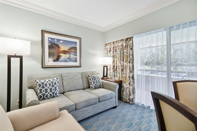 living room with crown molding