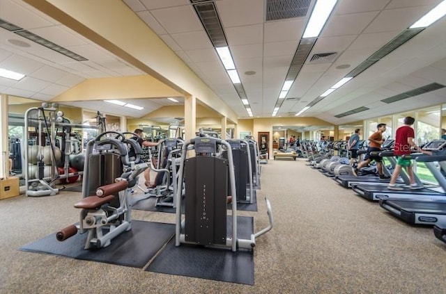 workout area featuring lofted ceiling, a drop ceiling, and dark colored carpet