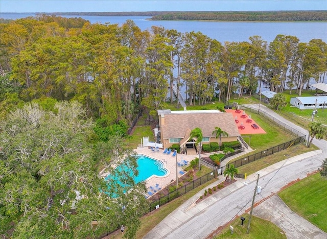 drone / aerial view featuring a water view