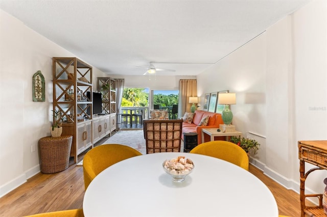 dining room with ceiling fan and light hardwood / wood-style floors