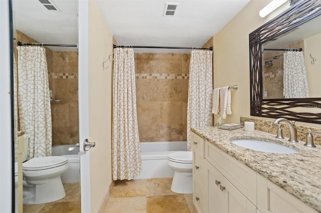 full bathroom with vanity, shower / bath combination with curtain, and toilet