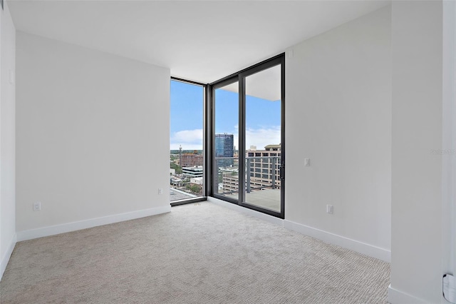 unfurnished room featuring light carpet and a wall of windows