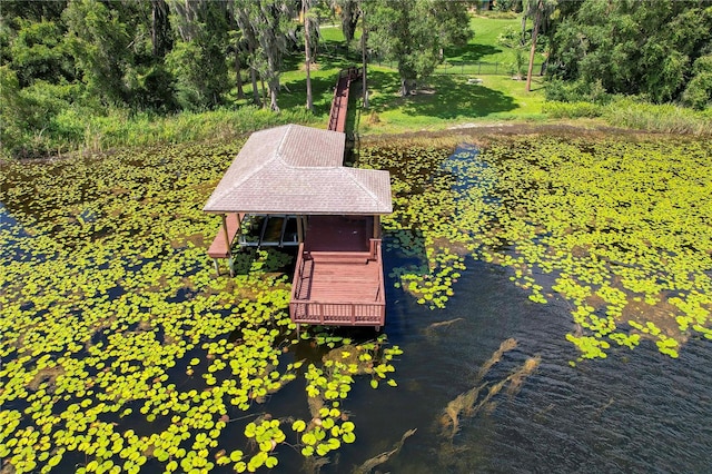 drone / aerial view with a water view