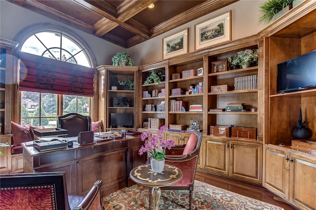 home office featuring dark hardwood / wood-style floors, beamed ceiling, coffered ceiling, and a wealth of natural light