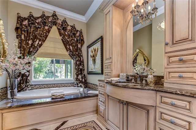 bathroom featuring tile patterned flooring, crown molding, an inviting chandelier, a bathing tub, and vanity