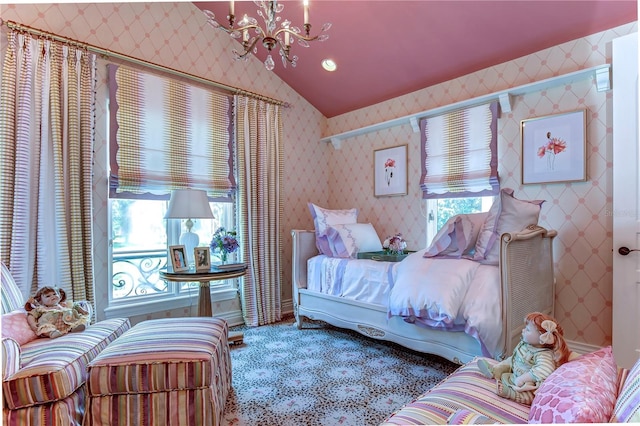 carpeted bedroom with lofted ceiling and a notable chandelier