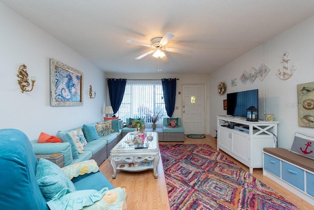 living room with ceiling fan and wood-type flooring