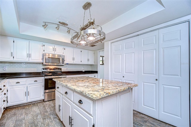 kitchen featuring white cabinetry, appliances with stainless steel finishes, a kitchen island, and a tray ceiling