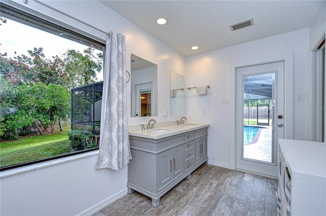 bathroom featuring wood-type flooring and vanity