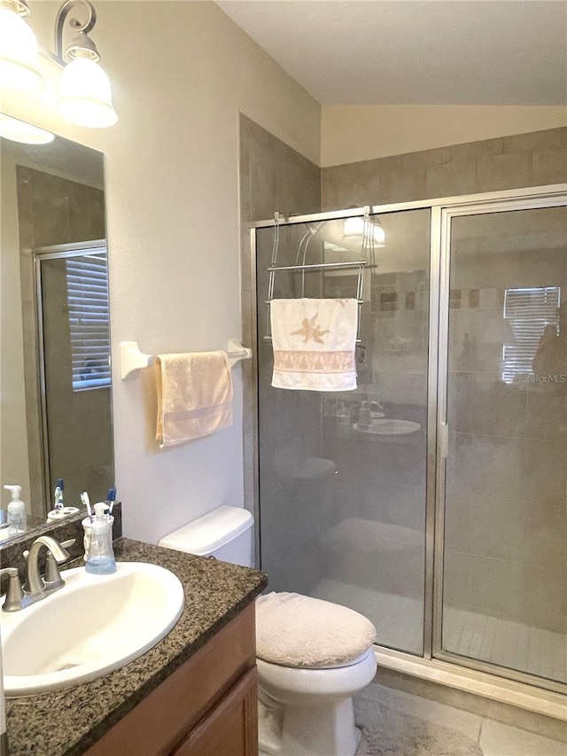 bathroom featuring toilet, vanity, vaulted ceiling, and walk in shower