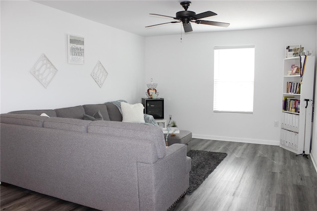 living room with ceiling fan and hardwood / wood-style flooring