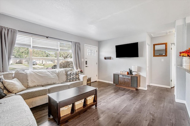 living room with dark wood-type flooring