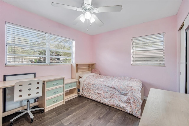 bedroom featuring ceiling fan, a closet, dark wood-type flooring, and multiple windows