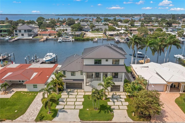 drone / aerial view with a water view