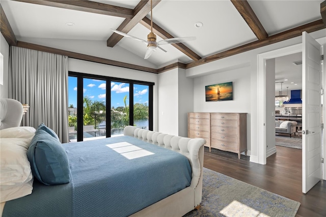 bedroom with access to exterior, lofted ceiling with beams, dark hardwood / wood-style floors, and ceiling fan