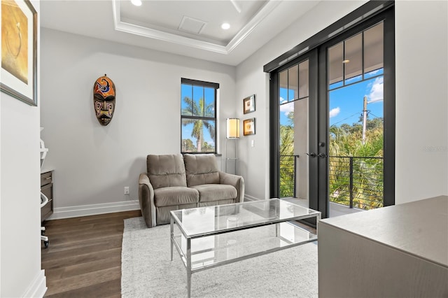 living room featuring a raised ceiling and dark hardwood / wood-style flooring