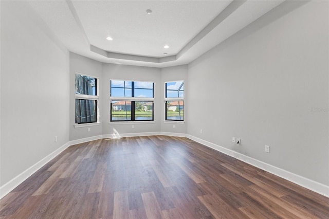 spare room with dark wood-type flooring and a raised ceiling