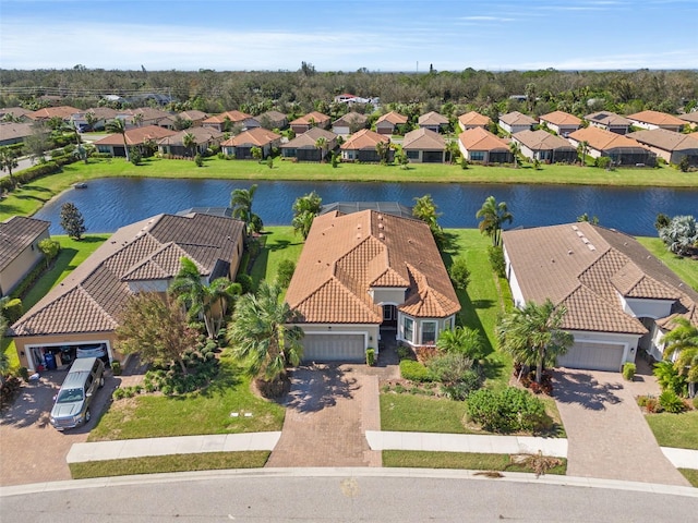 aerial view featuring a water view