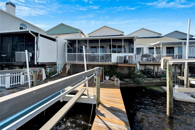 view of dock featuring central AC unit and a water view