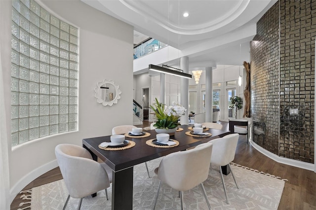 dining room featuring hardwood / wood-style flooring, a healthy amount of sunlight, and a high ceiling