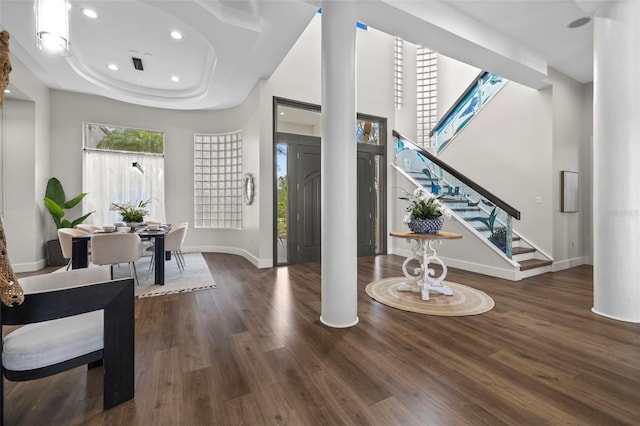 foyer featuring a tray ceiling, dark wood-type flooring, and a high ceiling