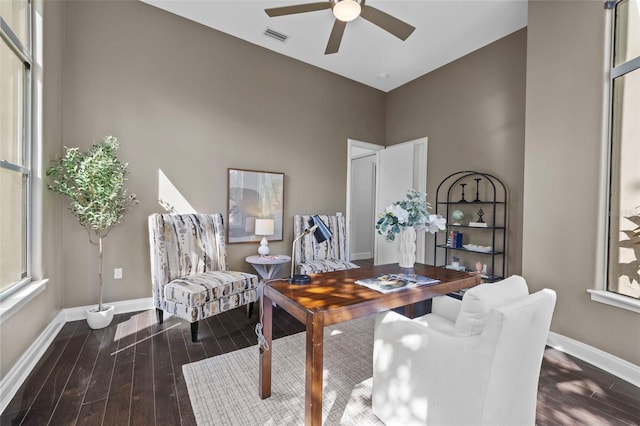 office space featuring ceiling fan and wood-type flooring