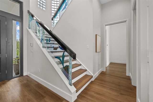 entrance foyer with hardwood / wood-style floors and a towering ceiling