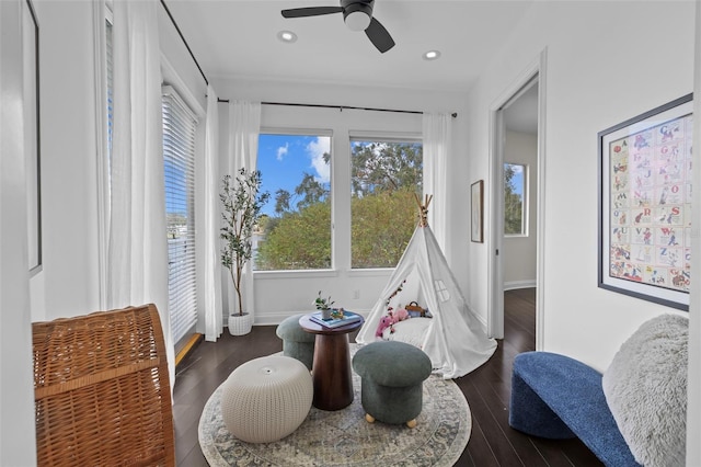 sitting room featuring ceiling fan and dark hardwood / wood-style flooring