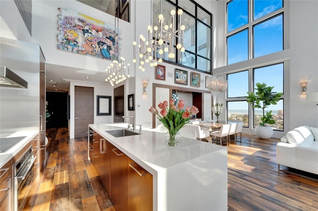 kitchen with stainless steel oven, a high ceiling, hanging light fixtures, and sink