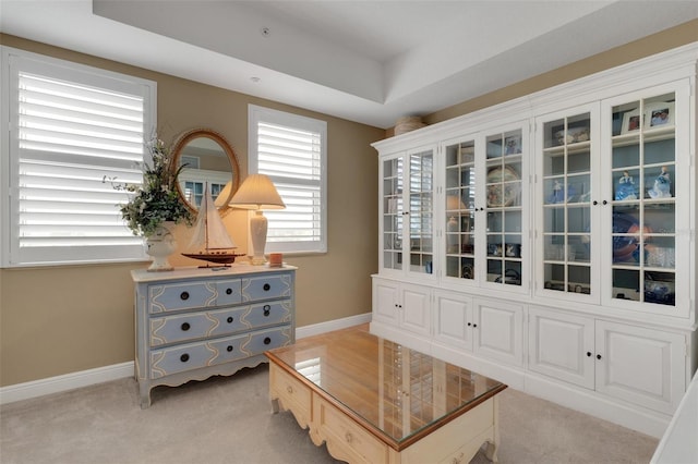 sitting room featuring a tray ceiling and light colored carpet