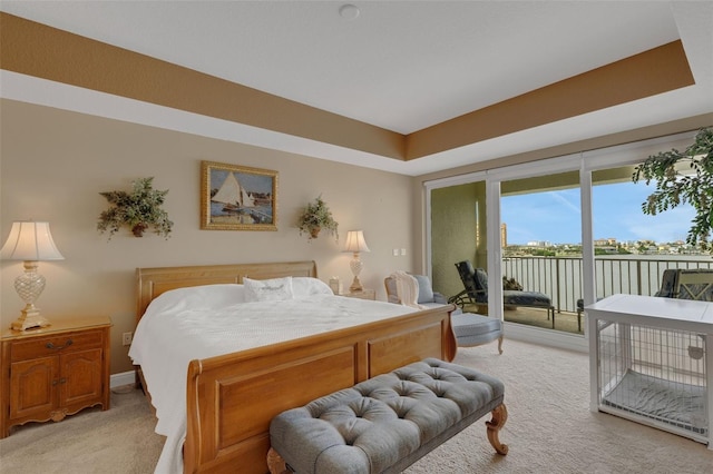 carpeted bedroom with a tray ceiling and access to outside