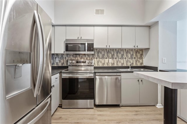 kitchen featuring sink, light wood-type flooring, backsplash, white cabinetry, and stainless steel appliances