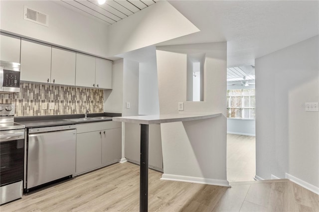 kitchen featuring white cabinets, tasteful backsplash, light wood-type flooring, sink, and stainless steel appliances