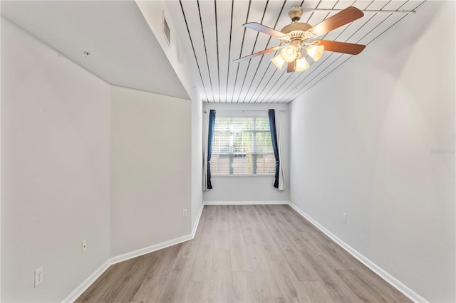 unfurnished room with ceiling fan, light hardwood / wood-style flooring, and wood ceiling