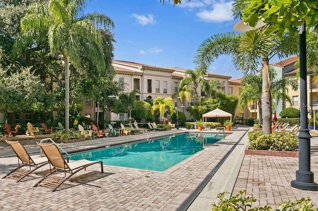 view of swimming pool featuring a patio area