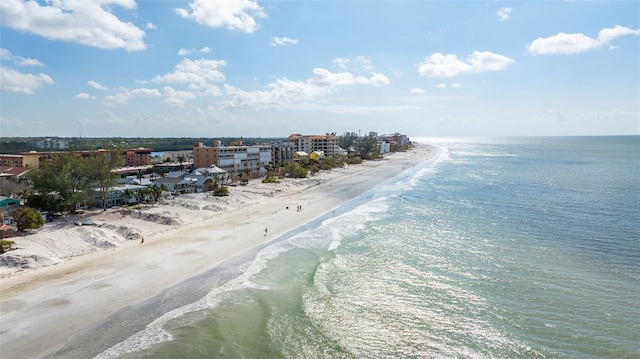 aerial view with a water view and a view of the beach