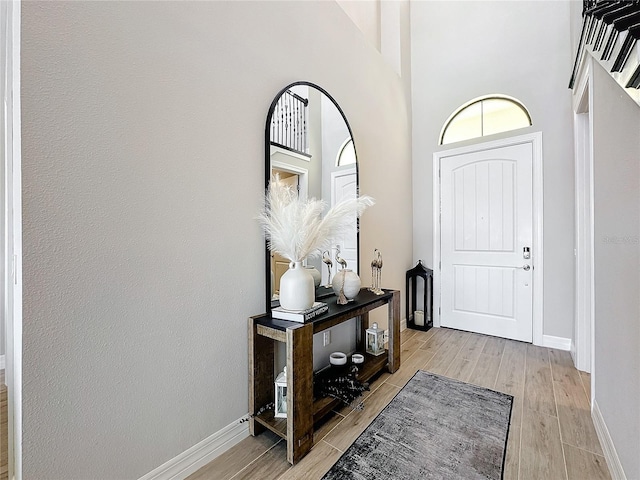 entryway with light hardwood / wood-style floors and a high ceiling