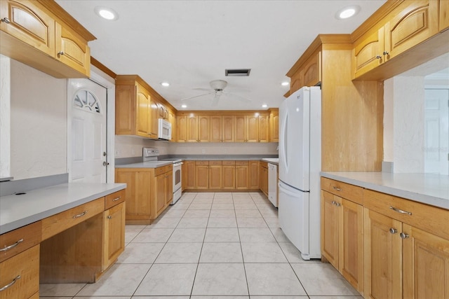 kitchen with ceiling fan, white appliances, and light tile patterned floors