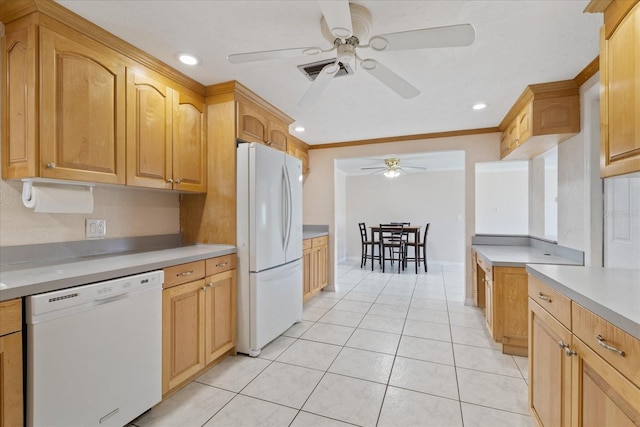 kitchen featuring ornamental molding, light tile patterned flooring, white appliances, and ceiling fan