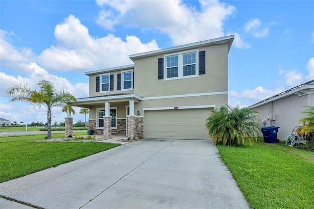 view of front of house with a front lawn, a porch, and a garage