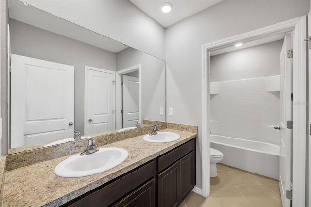 full bathroom featuring shower / bathing tub combination, tile patterned floors, vanity, and toilet