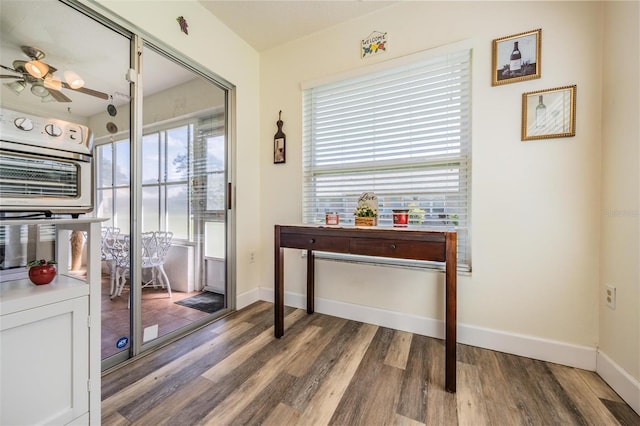 doorway featuring hardwood / wood-style floors, plenty of natural light, and ceiling fan