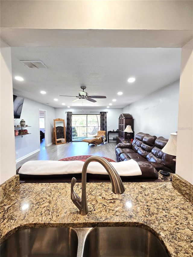 kitchen with ceiling fan, sink, and wood-type flooring