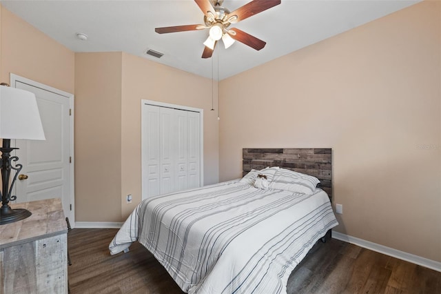 bedroom with dark wood-type flooring, a closet, and ceiling fan