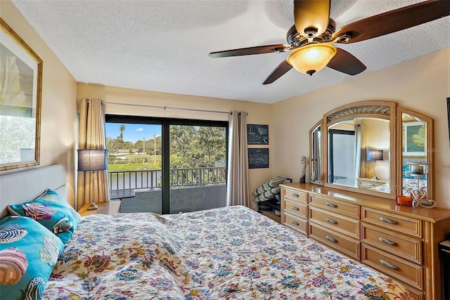 bedroom with ceiling fan, a textured ceiling, and access to outside