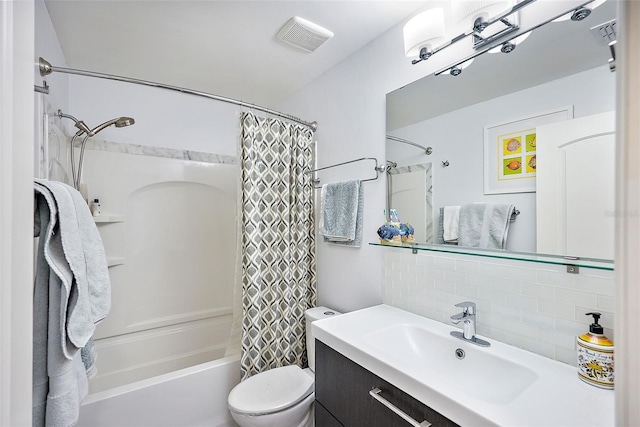 full bathroom featuring vanity, shower / bath combo with shower curtain, toilet, and backsplash